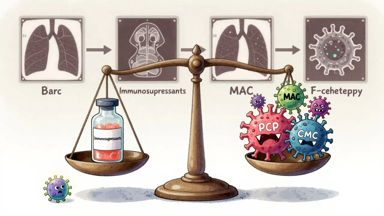A balance scale tipped by immunosuppressants against dangerous pathogens, with a single T-cell struggling to maintain equilibrium.