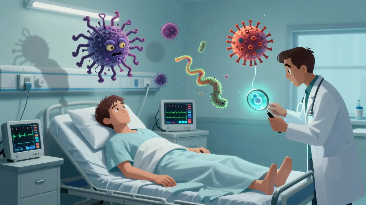A calm patient in a hospital room with floating, menacing pathogens above them, while medical monitors show no fever or inflammation signs.