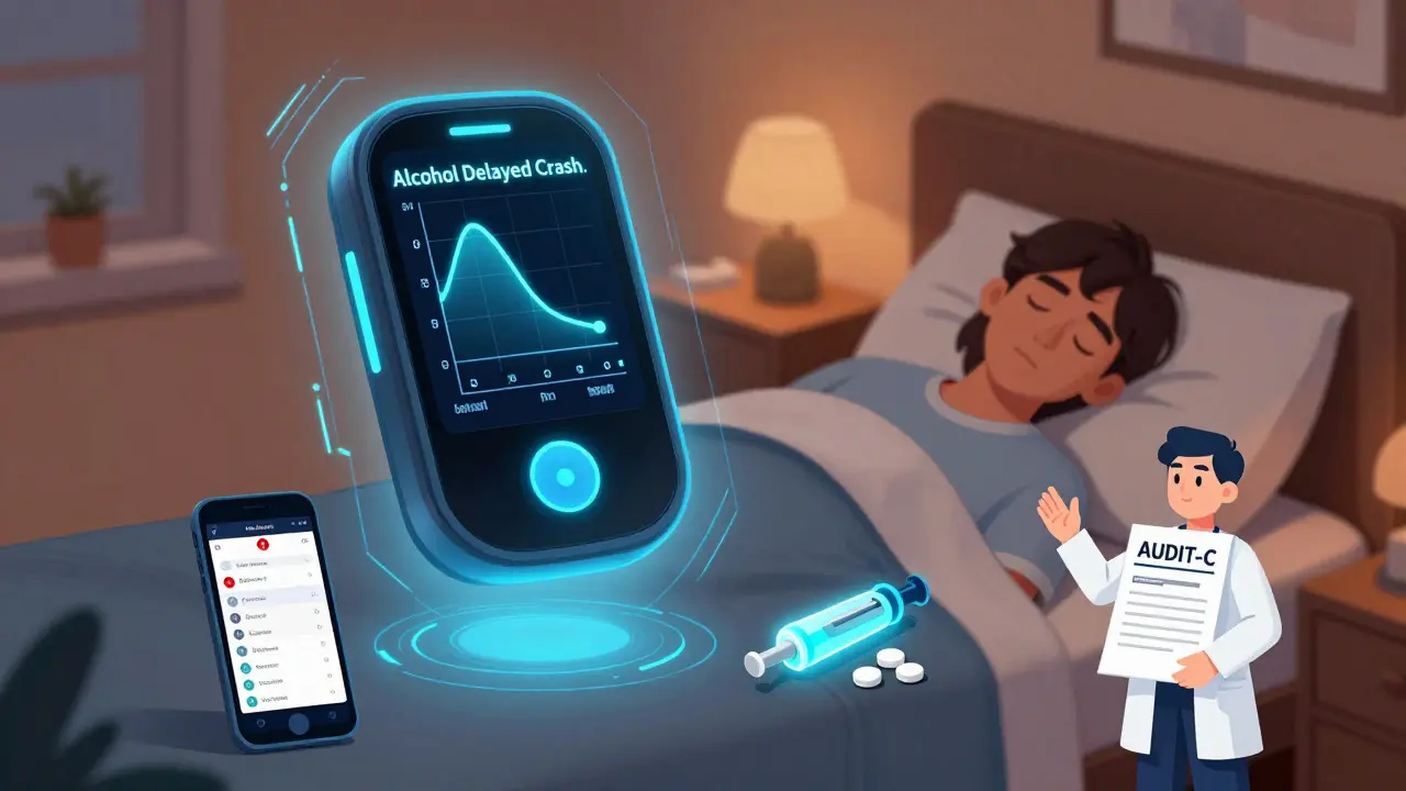 A CGM screen showing an alcohol-induced overnight glucose crash with alerts, glucagon, and a doctor’s questionnaire nearby.