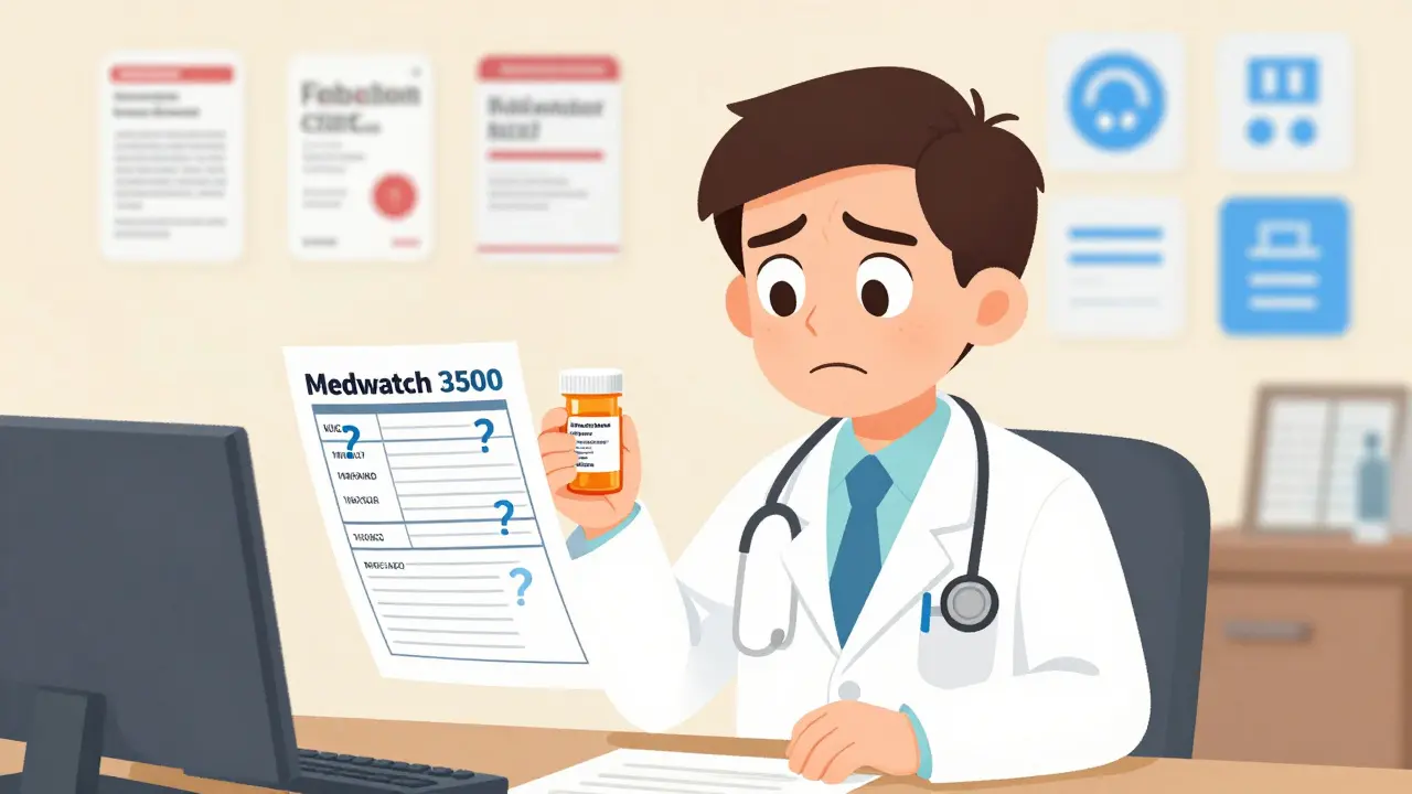 A doctor struggling to complete a drug report, surrounded by indistinguishable generic medication labels.