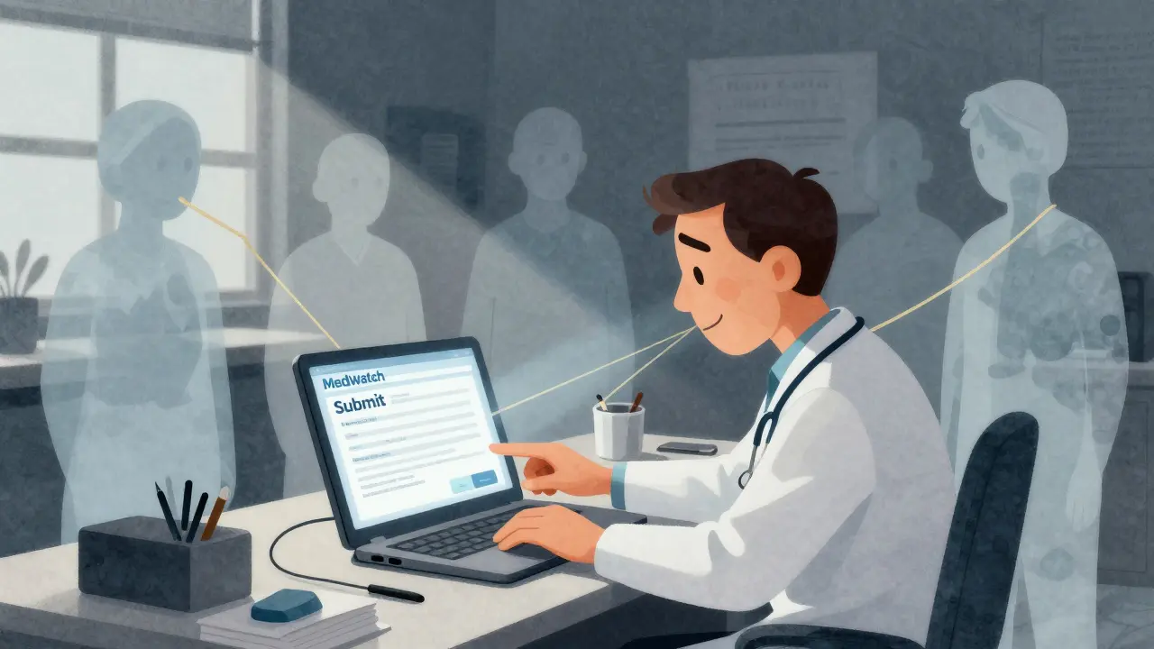 A doctor submits a MedWatch report, with ghostly patient figures glowing behind them, connected by golden threads.