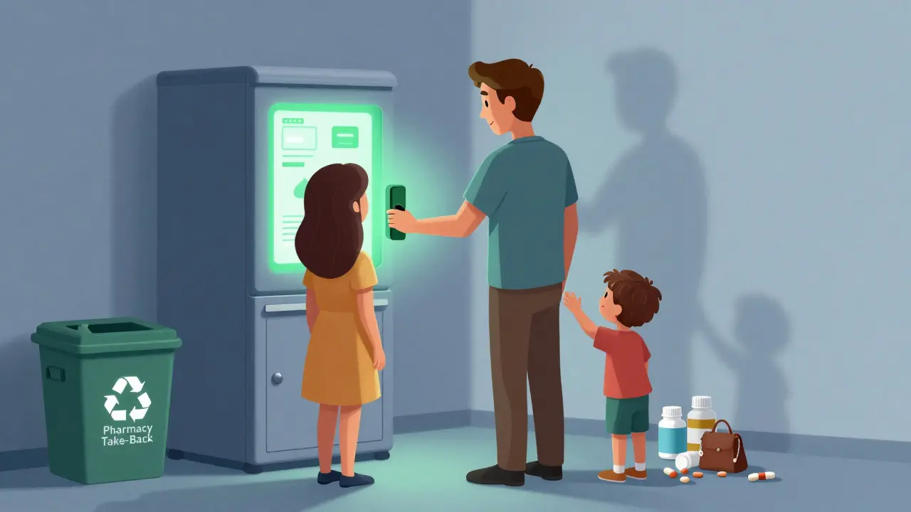 A family using a biometric medicine dispenser while expired pills are discarded in a pharmacy take-back bin.