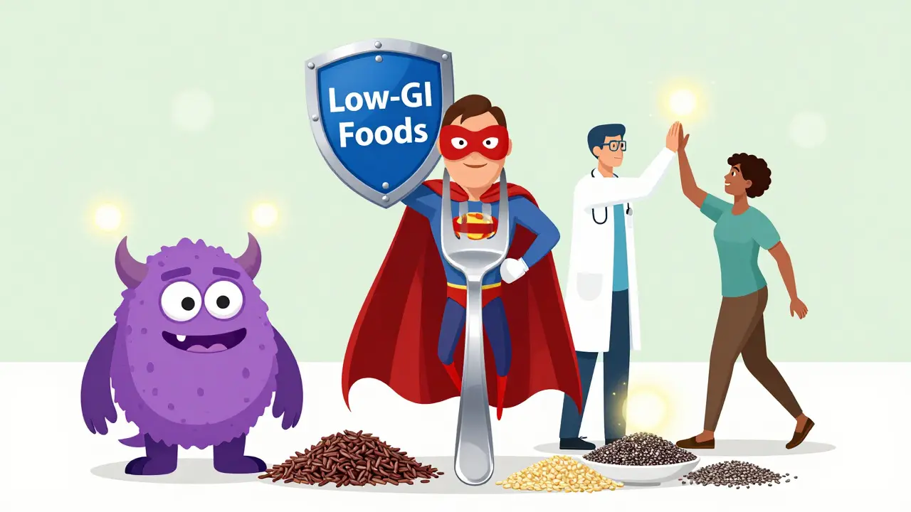 A fork superhero defeats sugary monsters with low-GI foods, while a patient walks with energy surrounded by healthy grains.