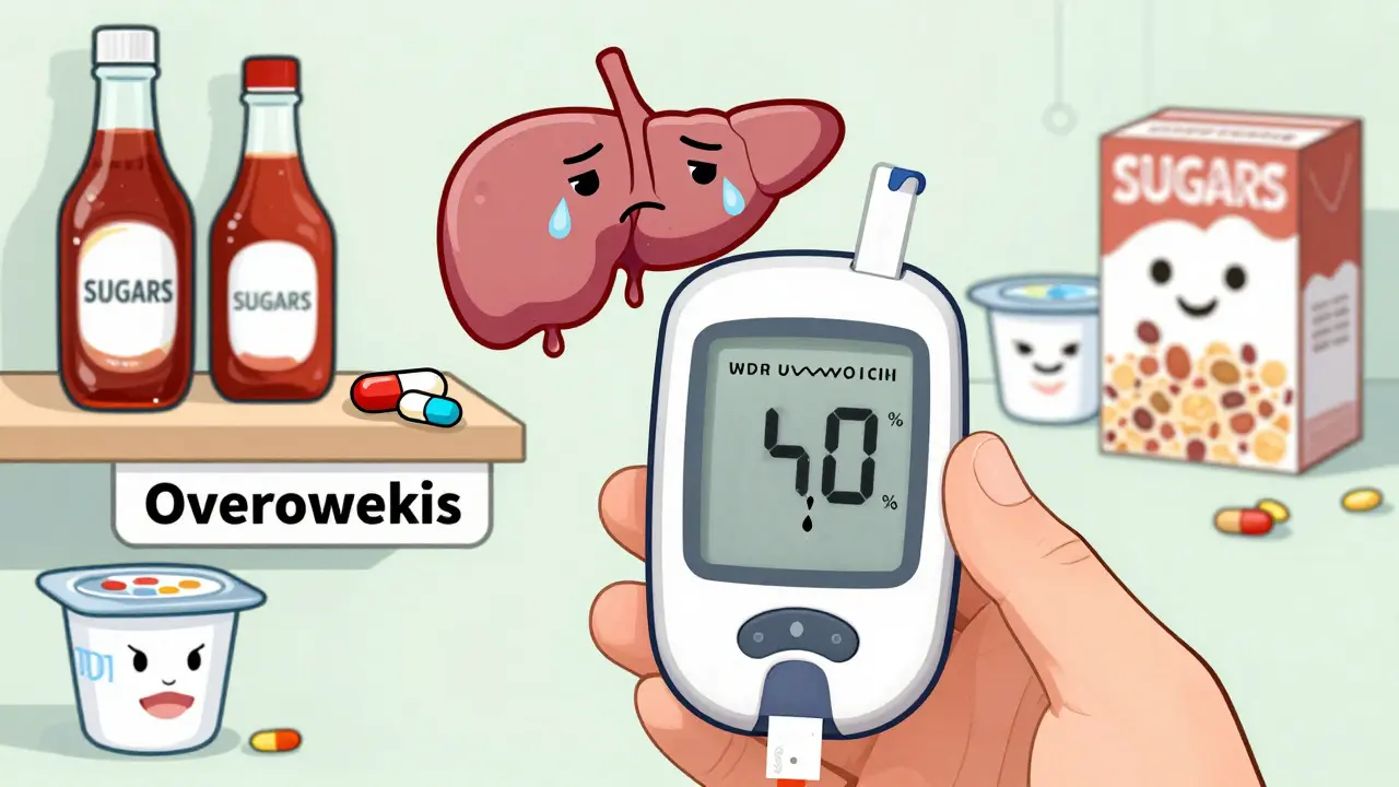 A glucose monitor shows wild spikes while hidden sugars smirk in kitchen items, and tired diabetes pills sit on a shelf.