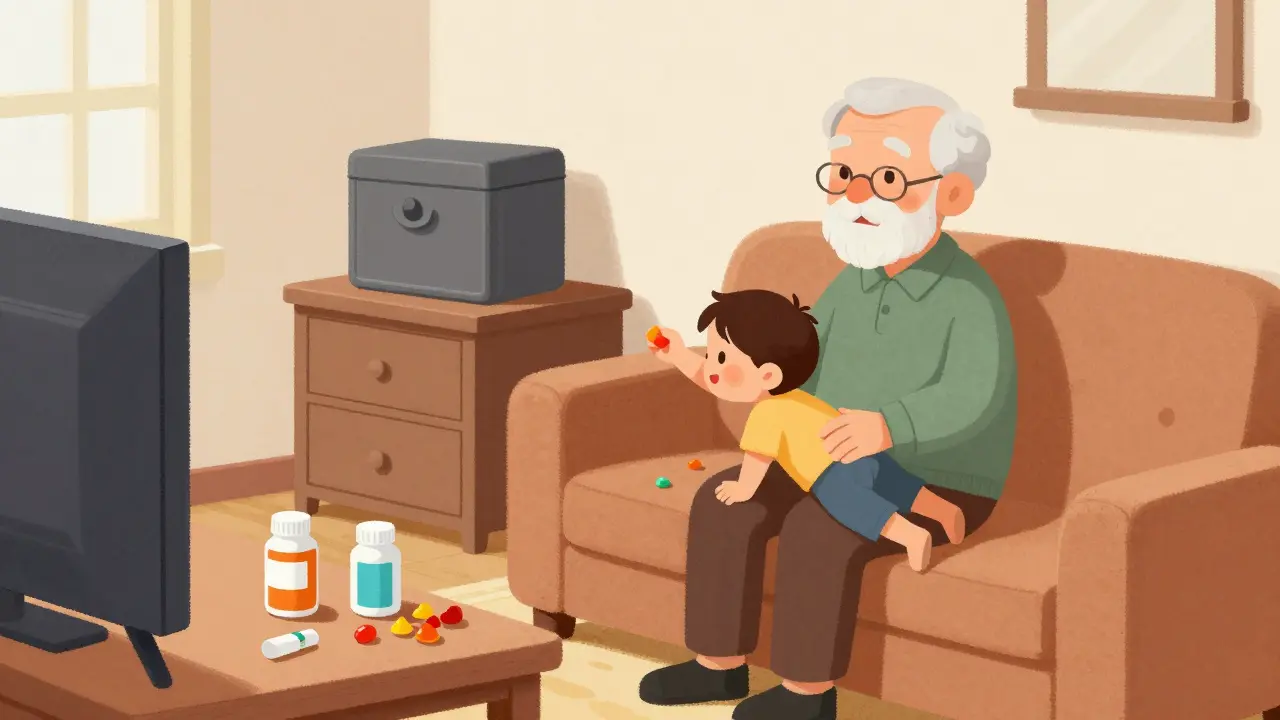 A grandparent's medicine bottles on a nightstand as a child reaches for gummy vitamins that look like candy.