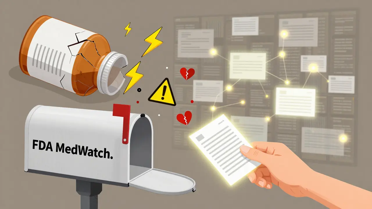 A hand placing a MedWatch form into a mailbox as danger symbols spill from a cracked medicine bottle.
