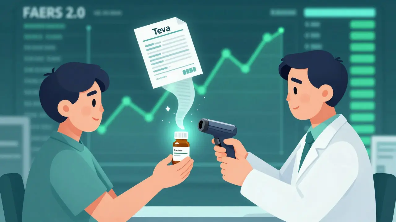 A patient and pharmacist scanning a pill bottle that reveals its manufacturer through a glowing barcode.