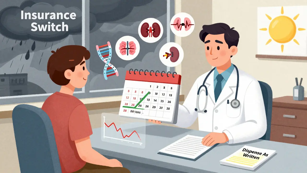 A patient with blood test calendar and medical icons, surrounded by a storm cloud labeled 'Insurance Switch'.