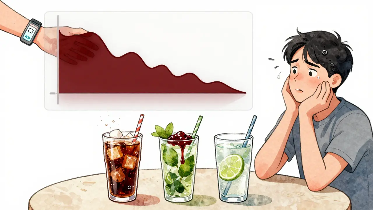 A person at dinner with sugary drinks causing invisible blood sugar drops, while a friend misreads symptoms as intoxication.