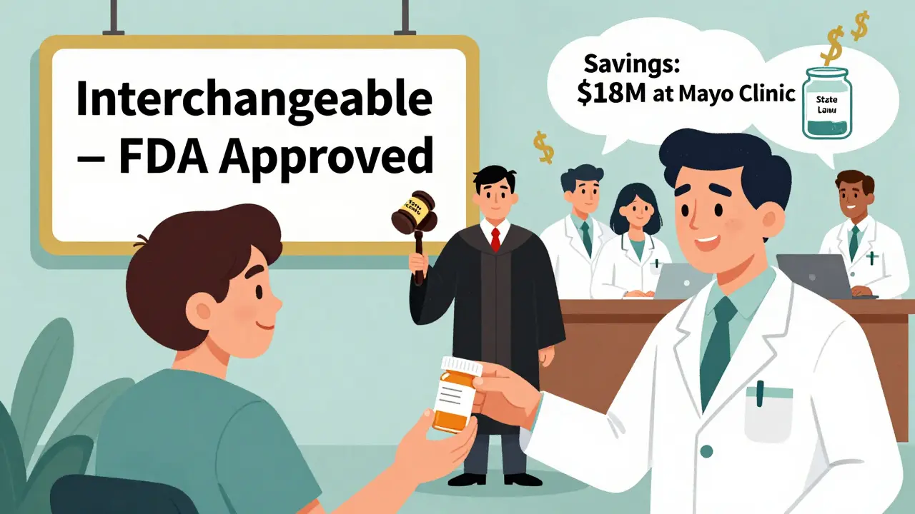 A pharmacist hands a biosimilar prescription to a patient while state law blocks substitution, with savings shown in the background.