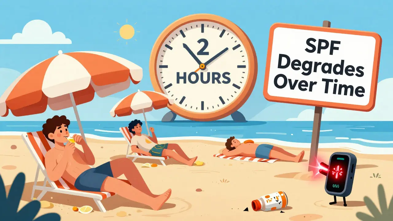 Beach scene where most people ignore reapplying sunscreen, while a UV clock and expired bottle highlight the risk.