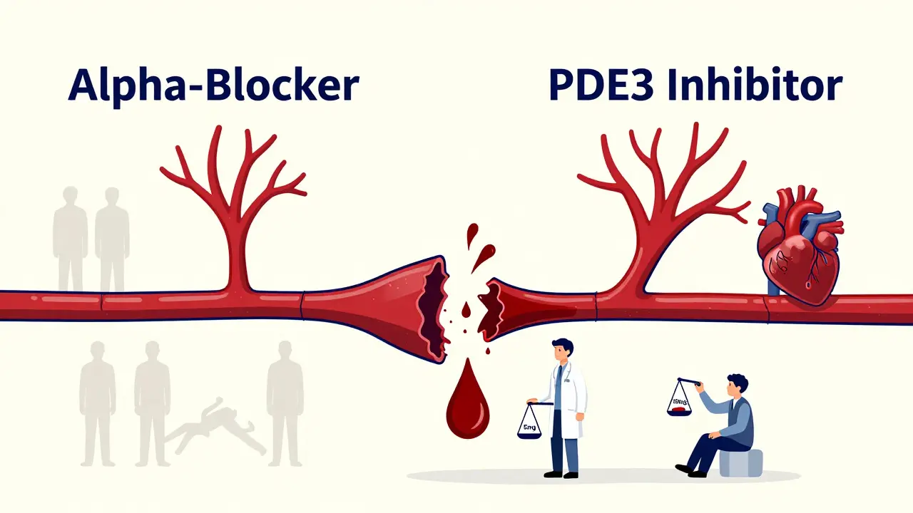 Blood vessels colliding with pressure drop, tiny doctor comparing pill doses.