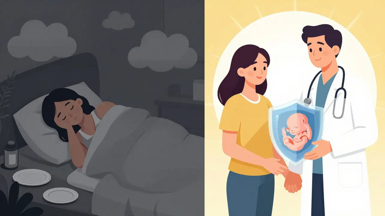 Contrasting scenes of untreated depression versus supported pregnancy with medical care and data protection.