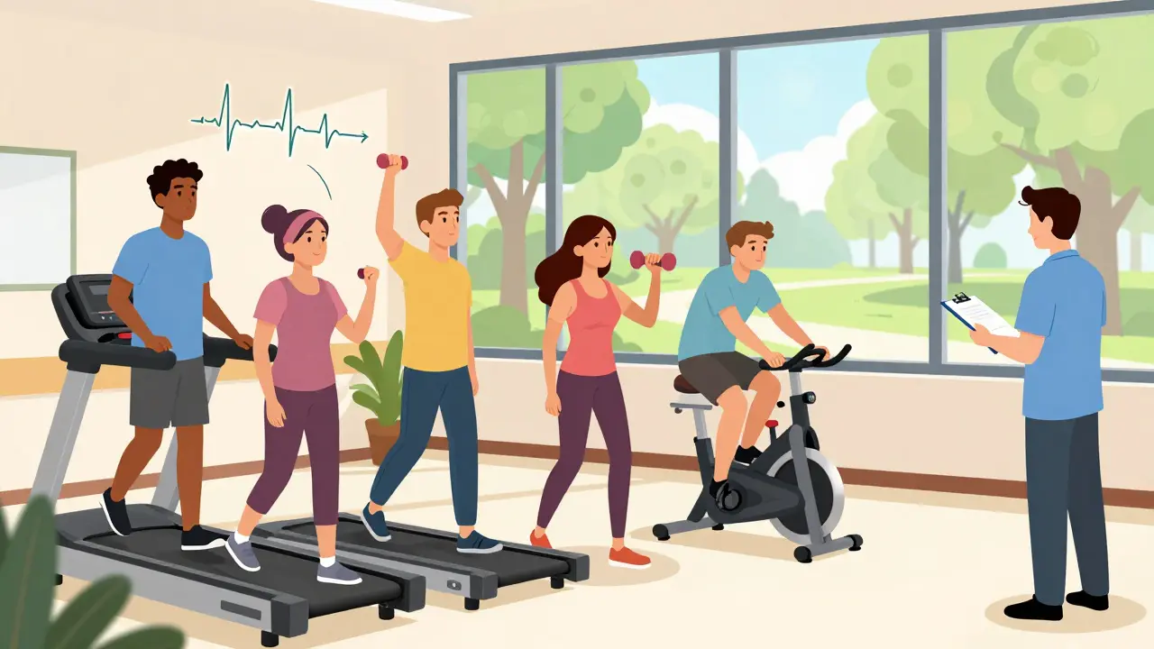 Diverse group exercising in rehab center with heart rate graphs floating above them.