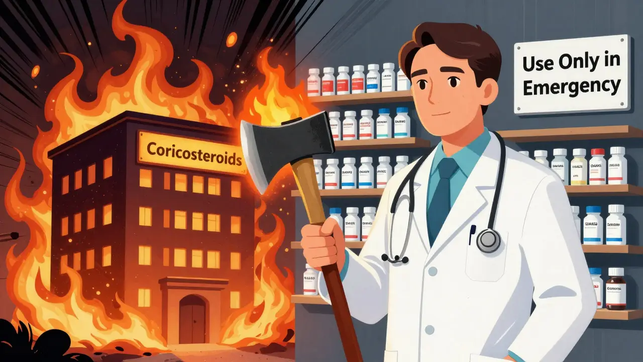 Doctor holding corticosteroid fire axe beside burning inflammation flare, with safer alternatives on shelves in background.