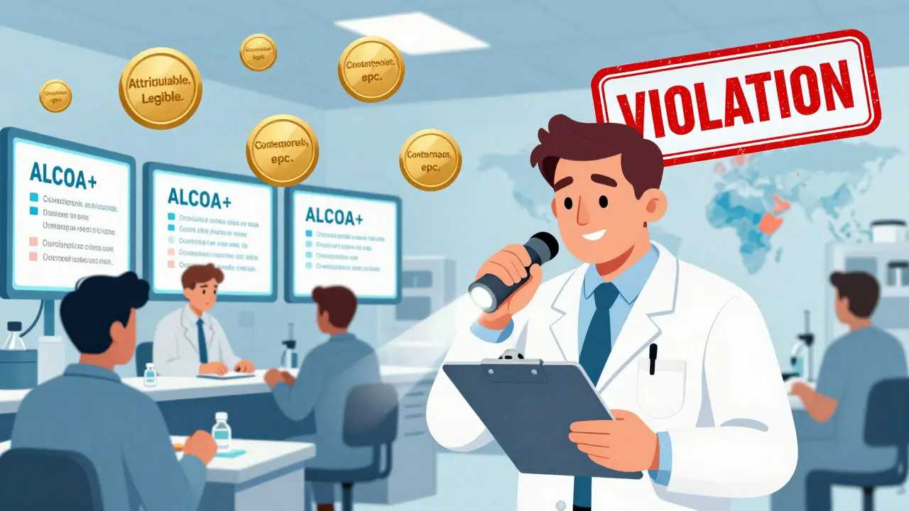 FDA inspector entering a global drug plant, ALCOA+ data badges glowing, red violation stamp above, global supply map in background.