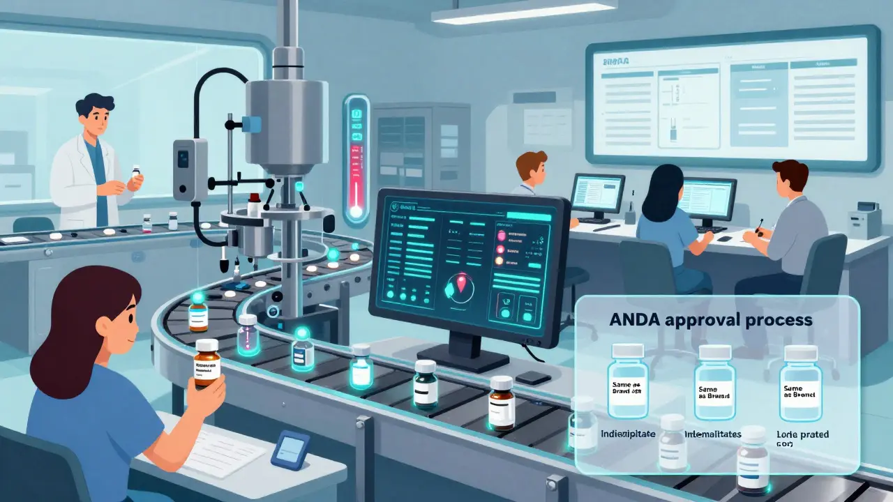 Futuristic drug line with real-time sensors feeding data to FDA analysts, patient holding generic pill, three test batches visible in overlay.