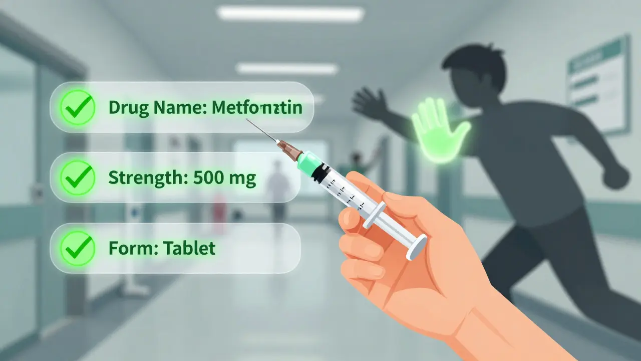 Hand holds syringe with three safety checks glowing beside it, stopping a rushed action to ensure correct medication.