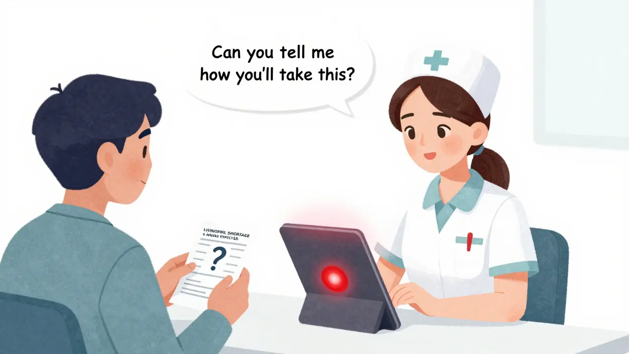 Nurse uses a tablet with a shortage alert while patient holds a prescription, asking a clarifying question.