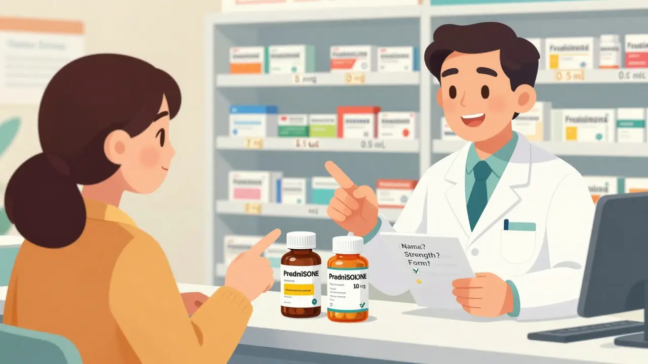 Patient and pharmacist compare two similarly named medications with Tall Man lettering to prevent confusion.