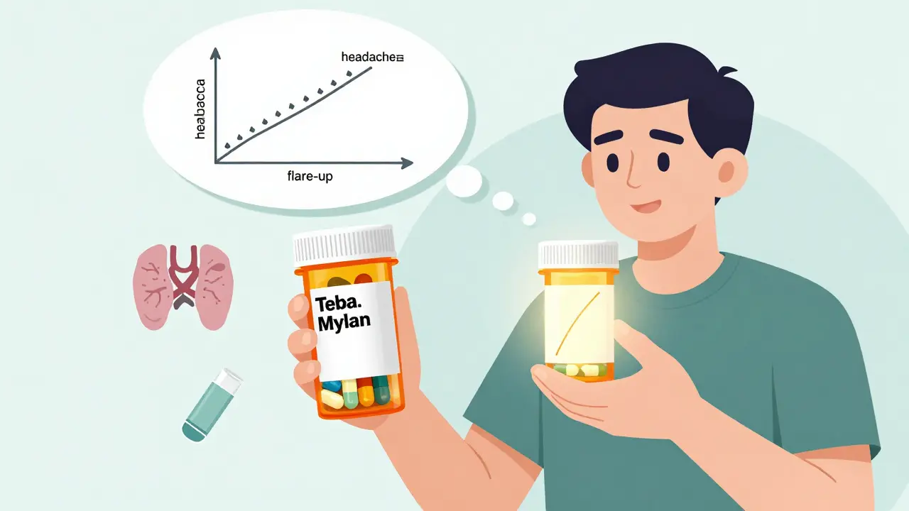 Patient comparing two prescription bottles: one with varied pills causing symptoms, one consistent and stable.