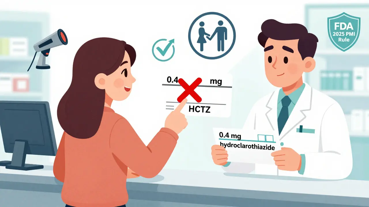 Patient correcting a prescription label with pharmacist, highlighting wrong '.4 mg' and 'HCTZ' with red X, corrected label visible.