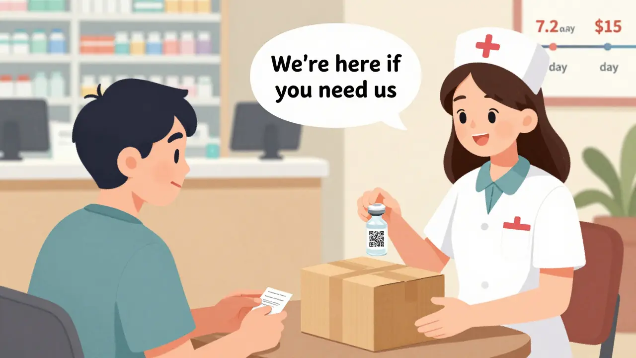 Patient opens home-delivered specialty drug package with nurse support message, comparing wait times visually.