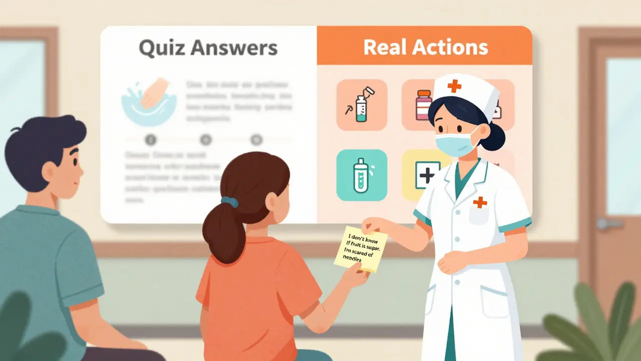 Patients give sticky notes with concerns to a nurse while quiz answers fade behind real-life actions.