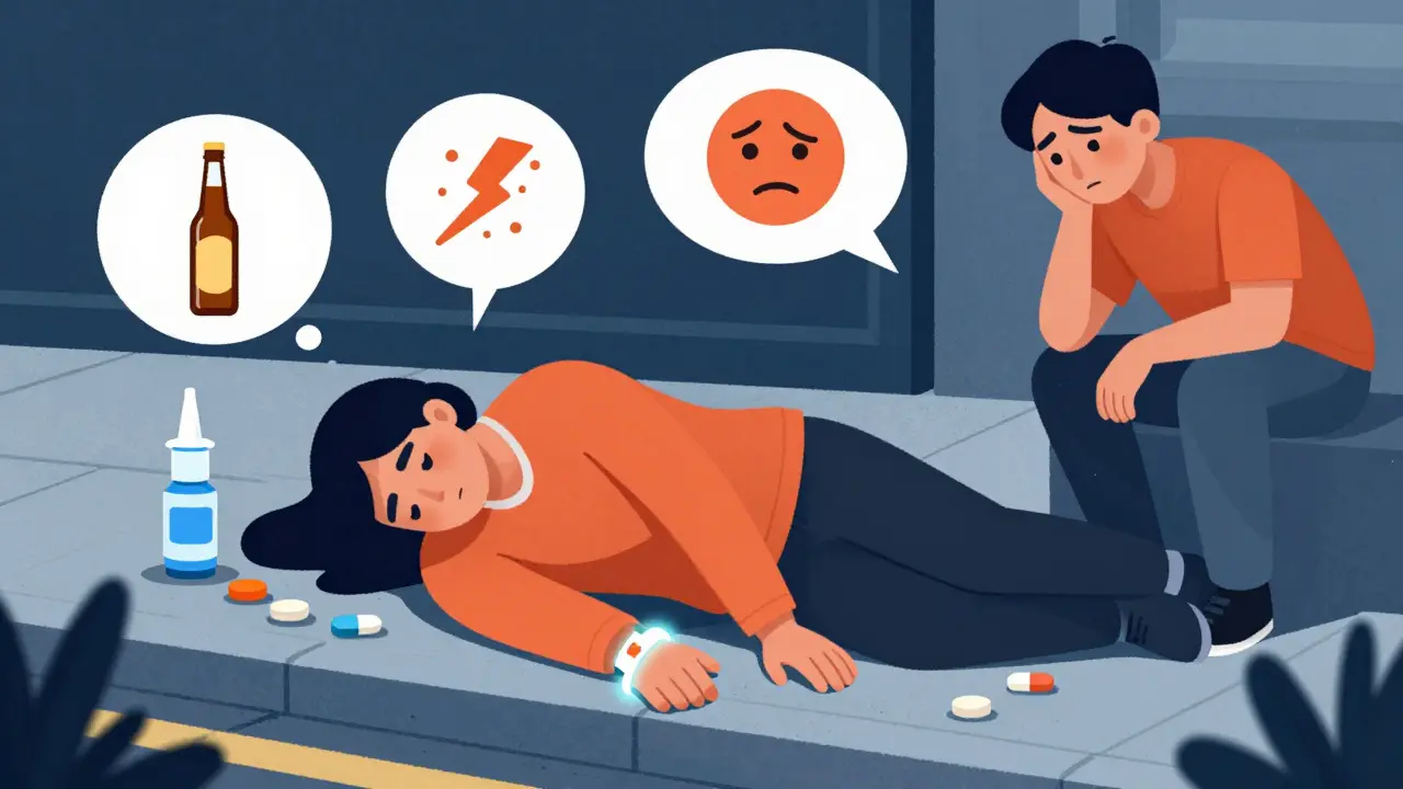 Person collapsing on sidewalk as bystander misinterprets symptoms, medical ID bracelet visible, glucagon spray nearby.