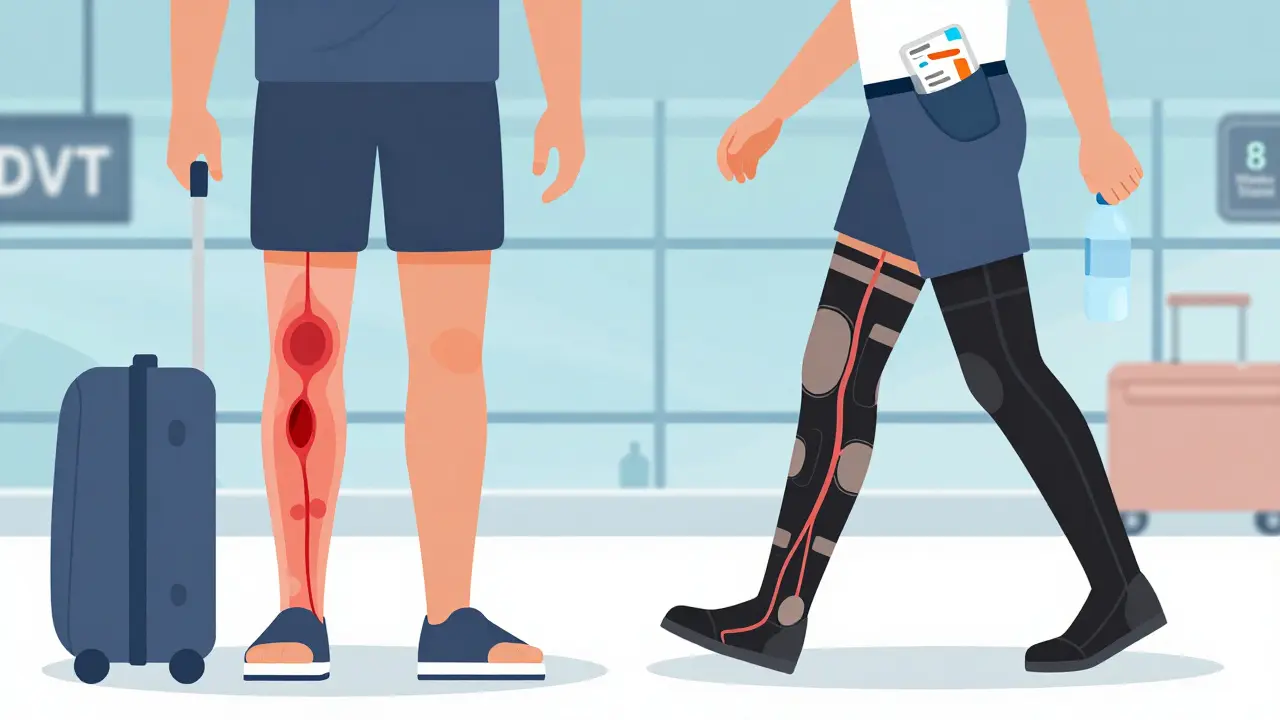 Person with swollen leg in airport, translucent blood clot visible, contrasted with another person practicing safe travel habits.