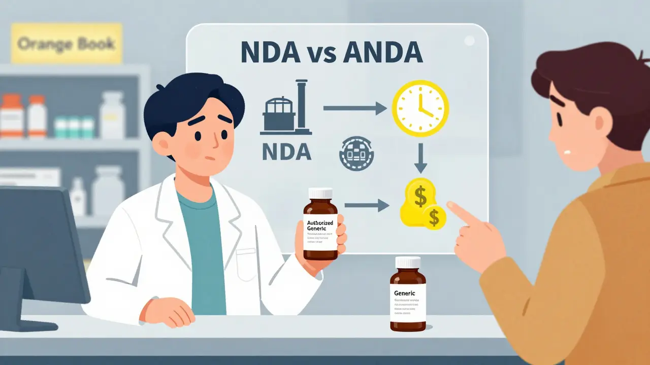 Pharmacist explaining authorized generic to customer, with NDA vs ANDA visual chart in background.