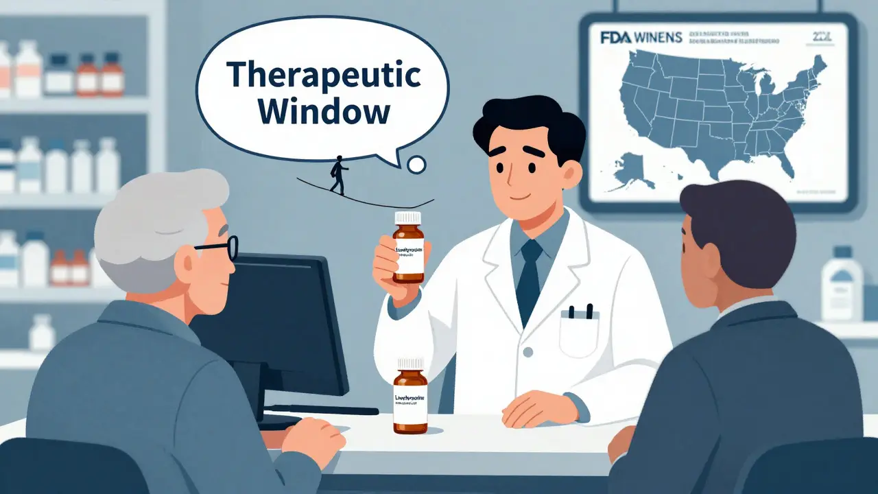 Pharmacist explaining generic switch to patient, with tightrope metaphor illustrating narrow therapeutic window and U.S. state restriction map.