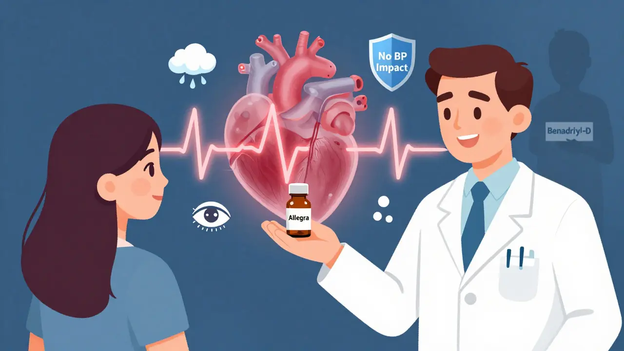 Pharmacist giving a safe antihistamine to a patient with a healthy heart symbol.