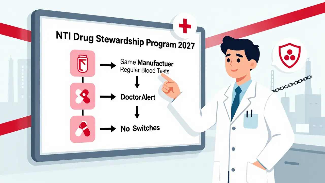 Pharmacist guiding hospital team through NTI drug stewardship flowchart, with medication icons and overseas manufacturing warnings.