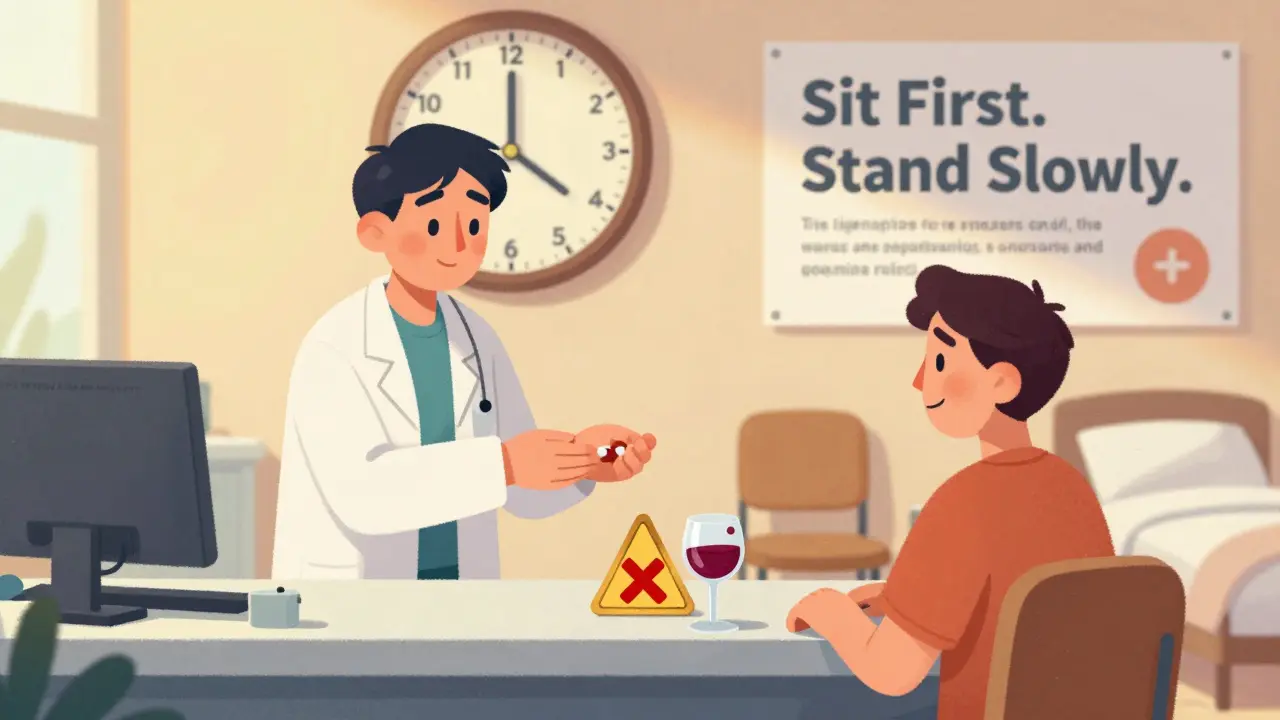 Pharmacist handing safe dose with warning signs, clock, chair, and crossed-out wine.