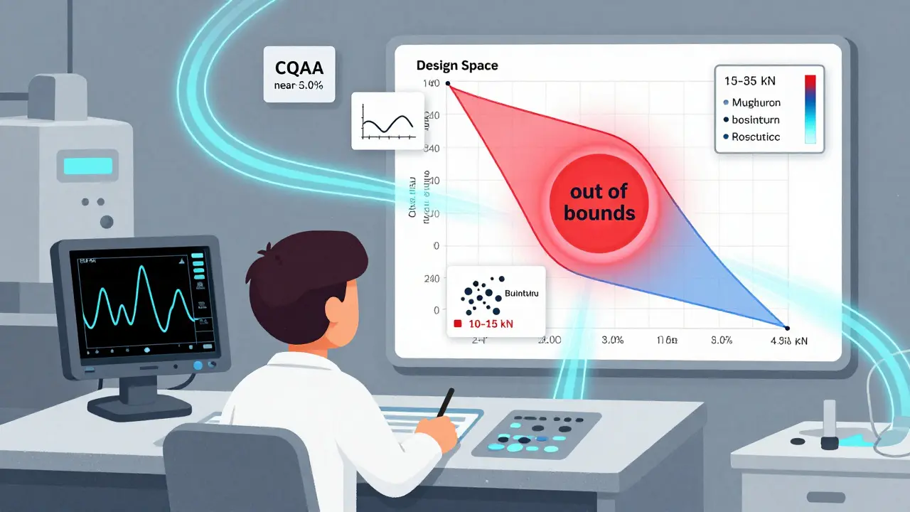 Scientist monitoring real-time PAT data with a glowing design space showing safe manufacturing parameters.