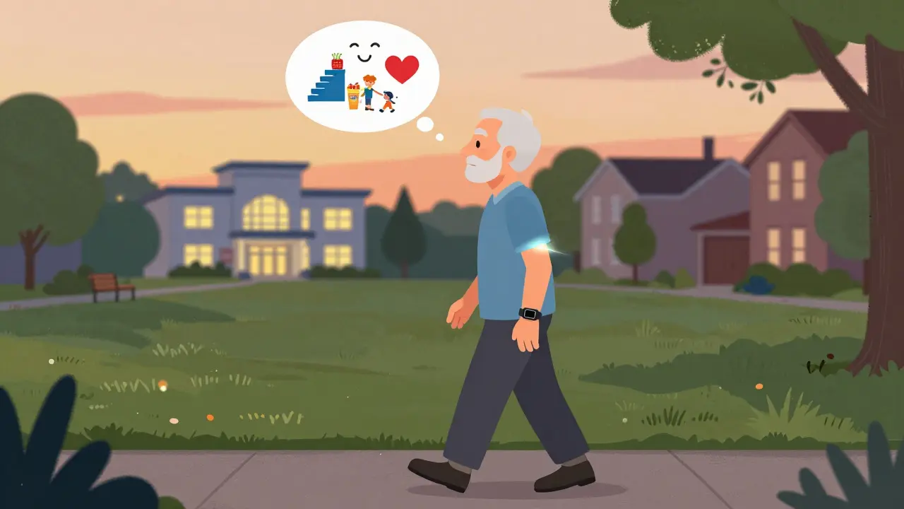 Senior walking in park at sunset, wearing smartwatch, thinking of active daily life.
