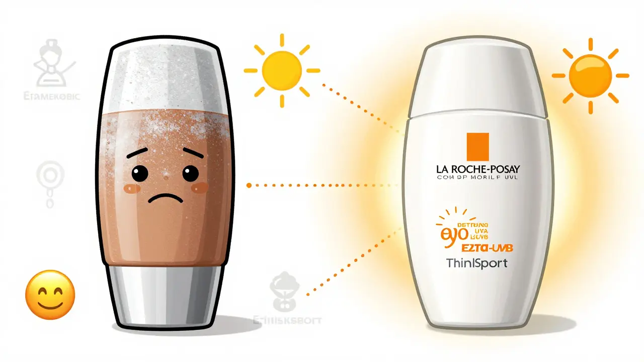 Side-by-side comparison: mineral sunscreen leaving white cast vs. smooth chemical sunscreen blocking harmful UV rays.