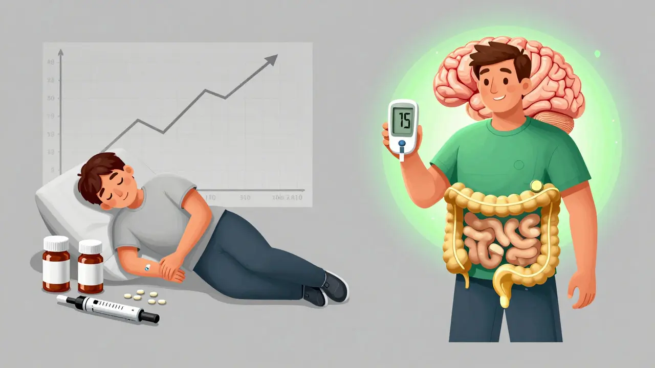 Side-by-side comparison of a patient struggling with diabetes medications versus one thriving after metabolic surgery.