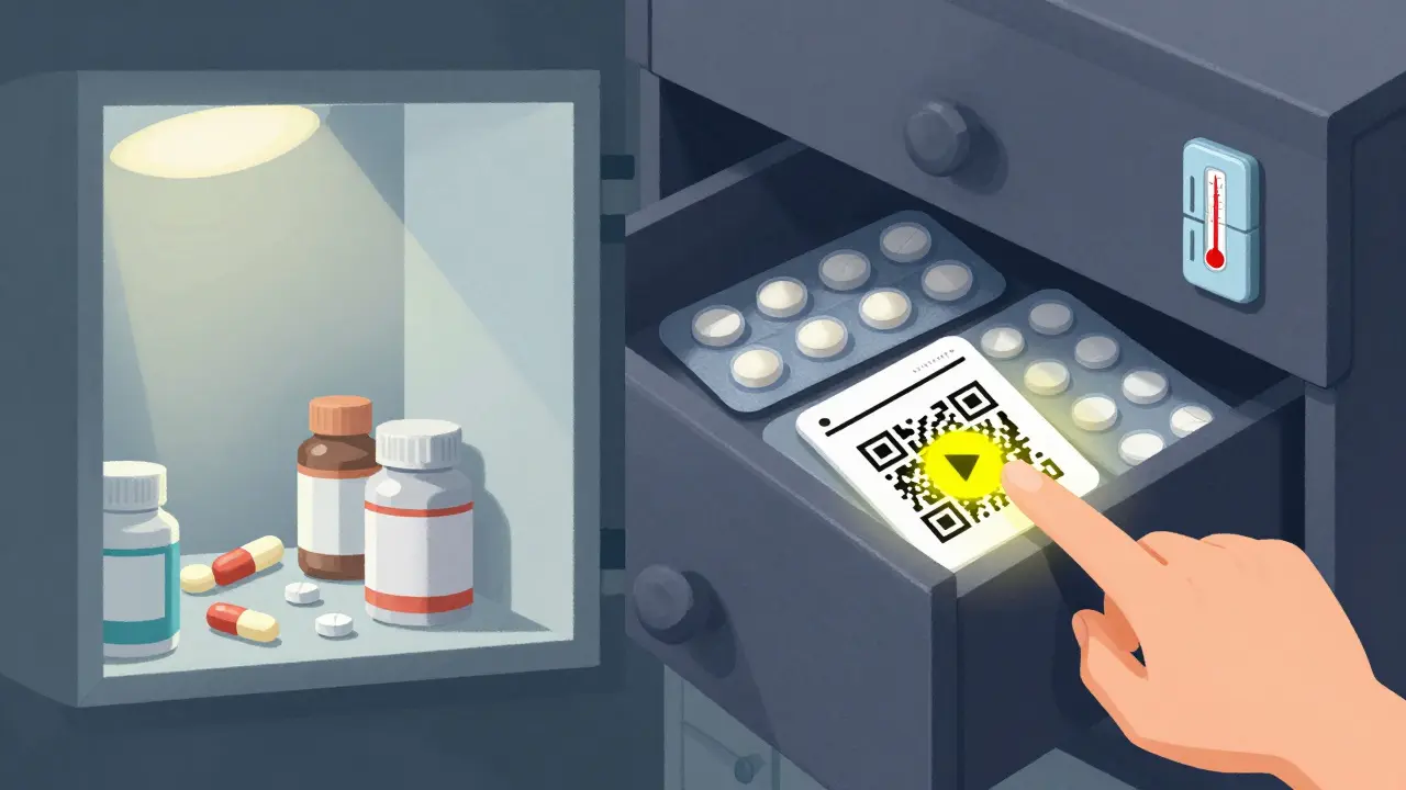 Side-by-side comparison of improper and proper medication storage with QR code on label glowing.