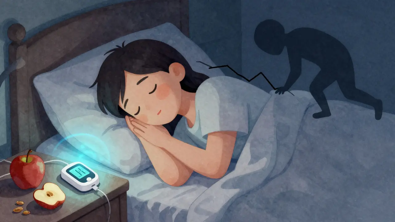 Sleeping person with glowing CGM alerting of dropping blood sugar, snack nearby, night scene with soft blue and warm tones.