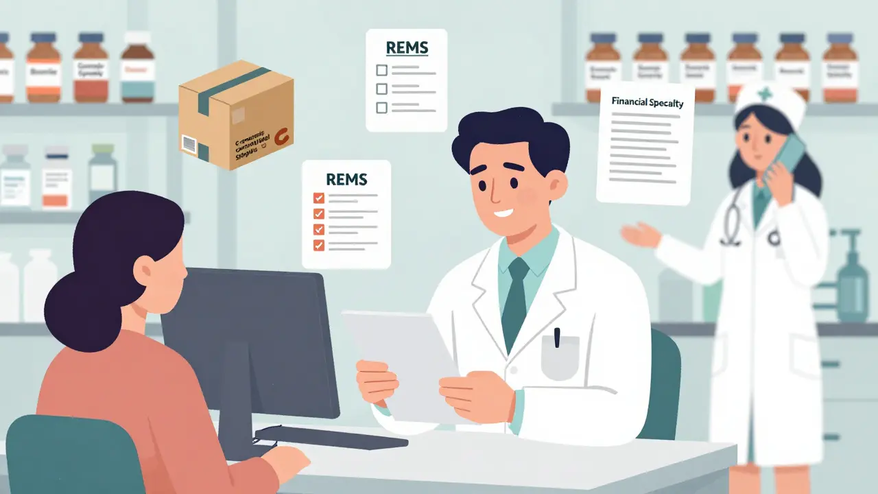 Specialty pharmacist reviewing patient chart with REMS, shipping, and financial support icons in background.