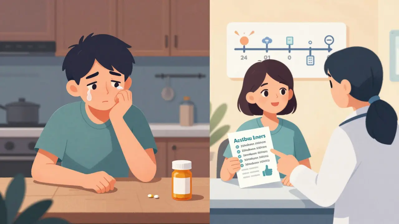 Split image: patient alone with empty pill bottle vs. same patient reassured with handout and provider support.