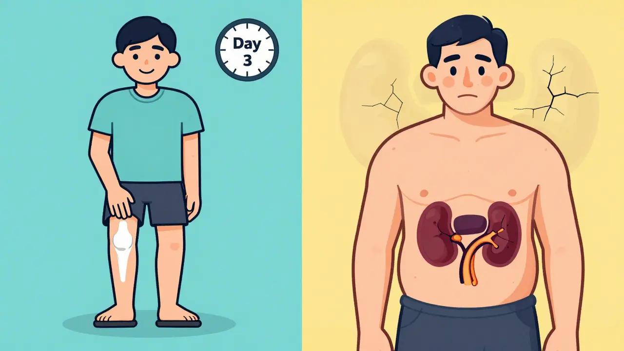 Split image: person improved after injection on one side, with side effects like moon face and brittle bones on the other.