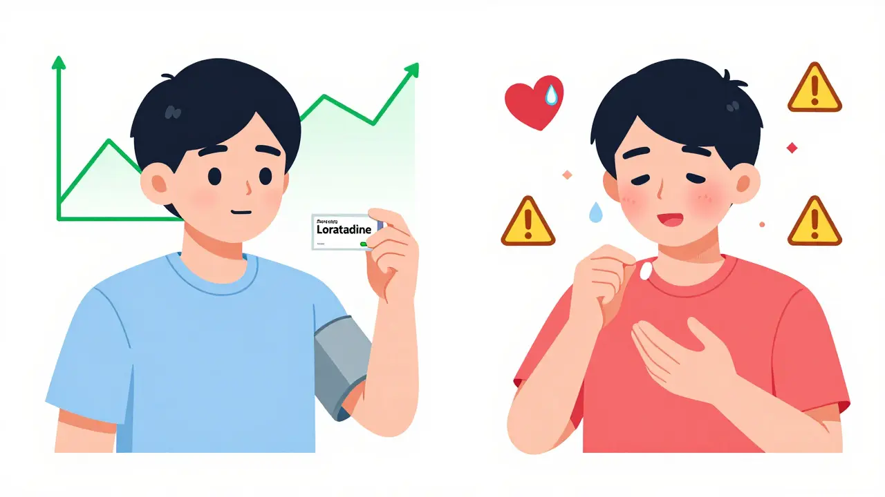 Split image showing stable vs. elevated blood pressure from different antihistamine types.
