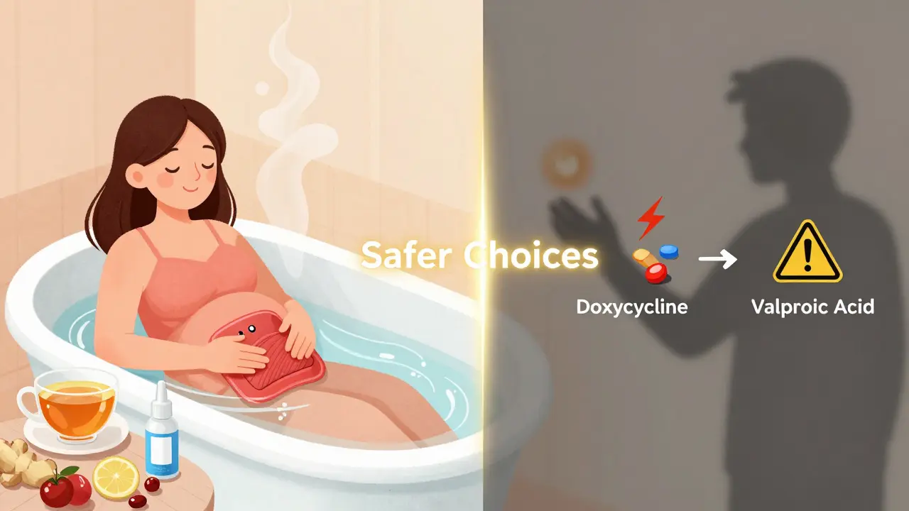 Split scene: safe pregnancy remedies on one side, dangerous medications with warning symbols on the other.