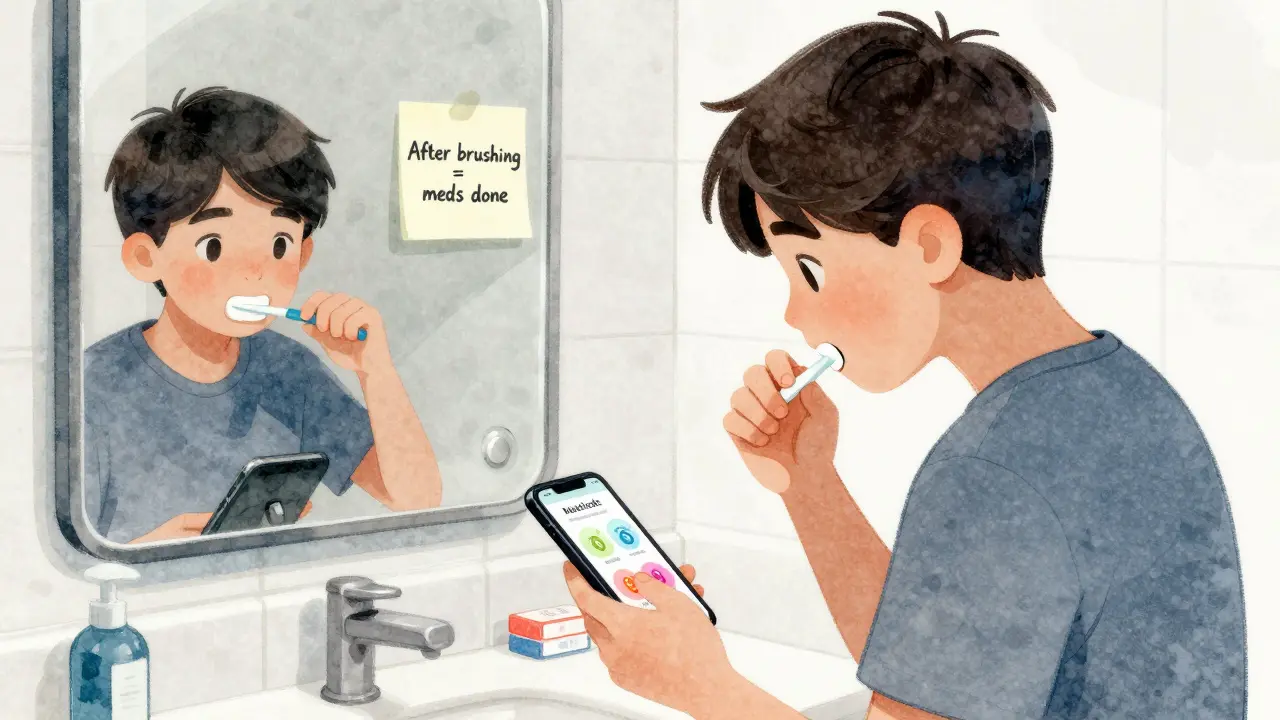 Teen taking meds after brushing teeth, using a medication app on their phone.