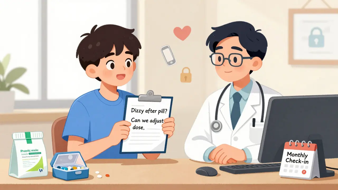 Teen talking to a doctor about medication concerns, holding a note with questions.