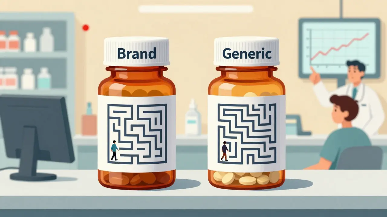 Two pill bottles with different internal absorption paths shown at a pharmacy counter, with blood level graphs.