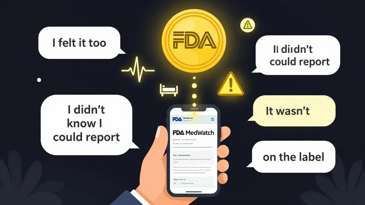 A hand submits a report to the FDA, with floating icons rising toward the official seal as anonymous voices surround it.